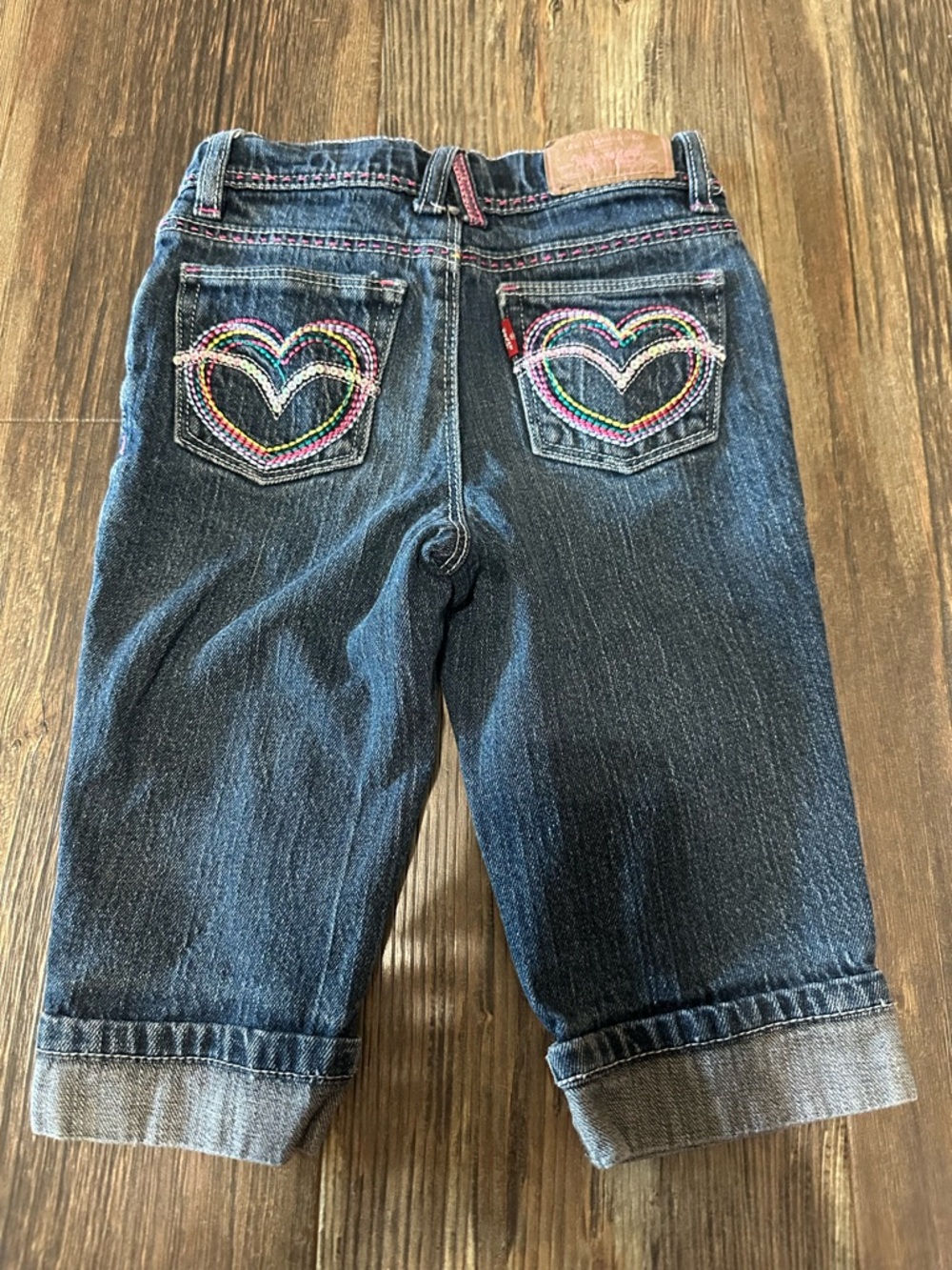 Levi’s sequin rainbow heart cropped blue jeans cuff girls 6X adjustable waist